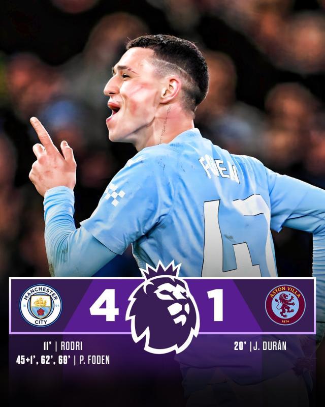 【英超】福登戴帽罗德里传射，曼城主场4比1大胜维拉